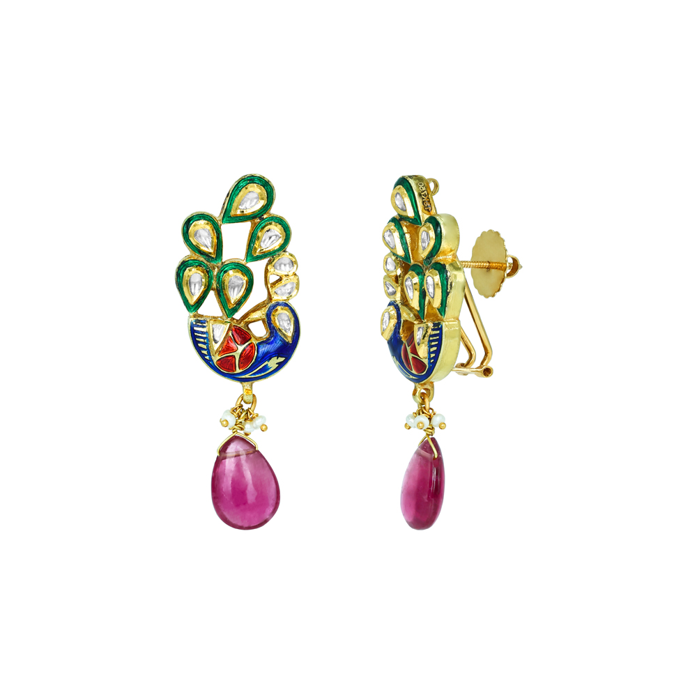 Peacock Enamel Earrings with Polki Diamonds and Tourmaline Drops